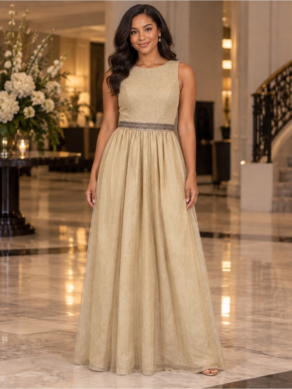 Aidan Mattox Champagne Gold Shimmer Beaded Waist Formal Maxi Gown Size 8